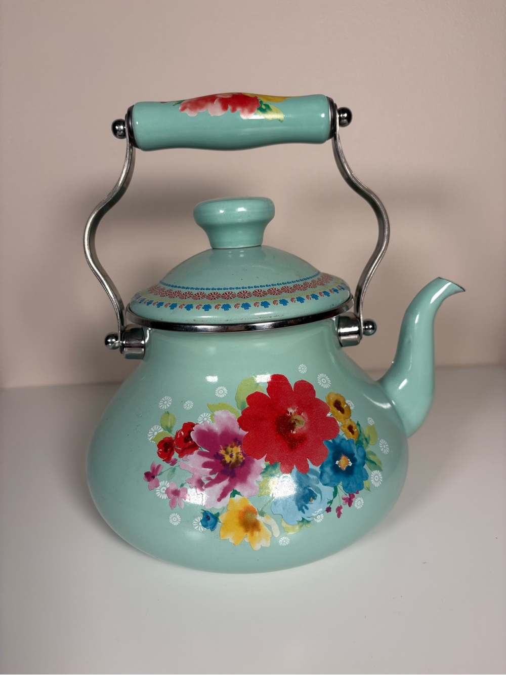Mint Floral Enamel Tea Kettle with Decorative Handle
